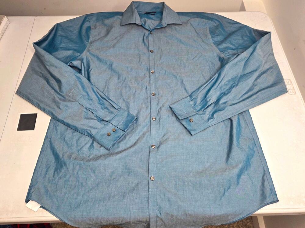 Dress Shirt Men 17 36/37 Slim Tall Blue Performance Non Iron Long Sleeve